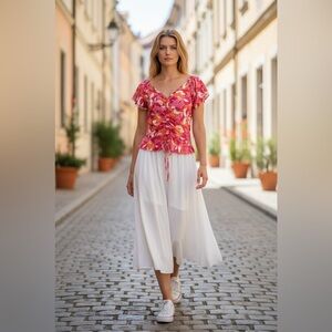 Japna Pink and Red Ruched Cap Sleeve Blouse